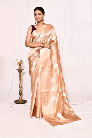 Peach Pure Katan Silk Banarasi Handloom Saree