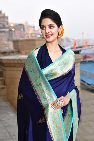 Blue Pure Katan Silk Banarasi Handloom Saree with Meenakari Border in Turquoise Blue