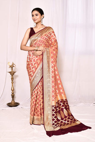 Orange-Peach Pure Khaddi Georgette Banarasi Handloom Silk Saree