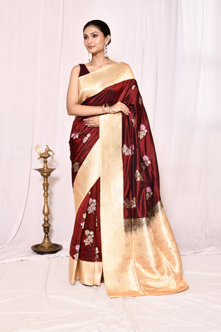 Cranberry Maroon Pure Katan Silk Banarasi Handloom Silk Saree