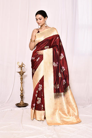 Cranberry Maroon Pure Katan Silk Banarasi Handloom Silk Saree