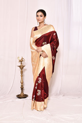 Cranberry Maroon Pure Katan Silk Banarasi Handloom Silk Saree