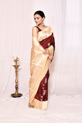 Cranberry Maroon Pure Katan Silk Banarasi Handloom Silk Saree