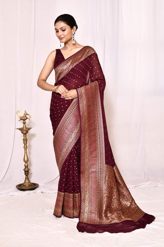 Maroon Pure Khaddi Georgette Banarasi Handloom Silk Saree