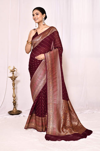 Maroon Pure Khaddi Georgette Banarasi Handloom Silk Saree