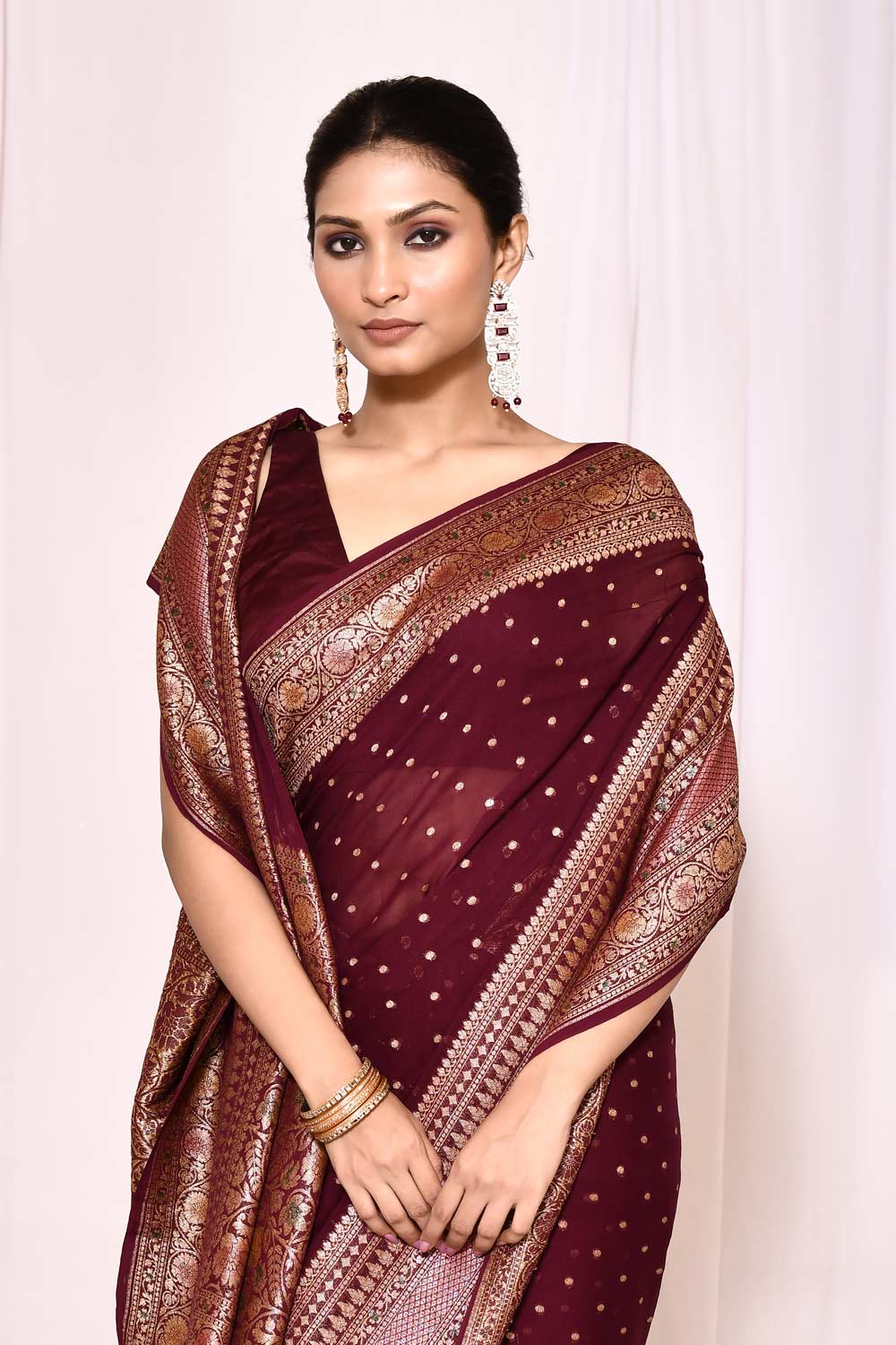 Maroon Pure Khaddi Georgette Banarasi Handloom Silk Saree