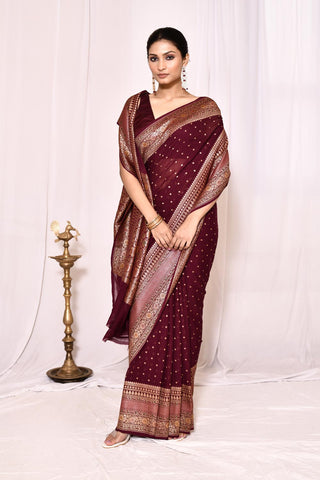 Maroon Pure Khaddi Georgette Banarasi Handloom Silk Saree