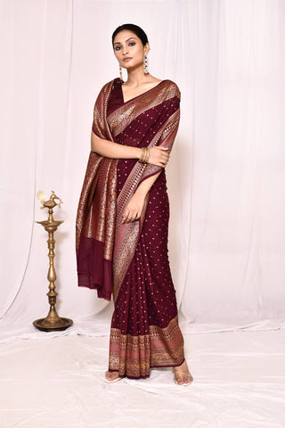 Maroon Pure Khaddi Georgette Banarasi Handloom Silk Saree