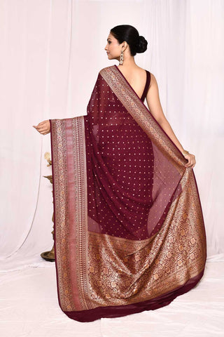 Maroon Pure Khaddi Georgette Banarasi Handloom Silk Saree