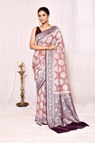 Pink Pure Khaddi Georgette Banarasi Handloom Silk Saree