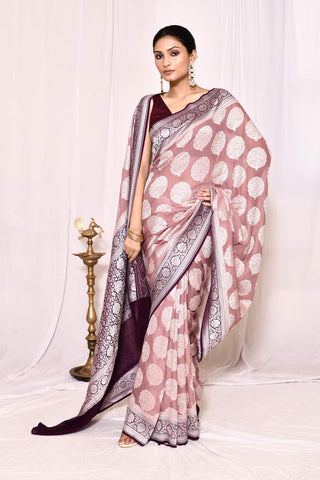 Pink Pure Khaddi Georgette Banarasi Handloom Silk Saree