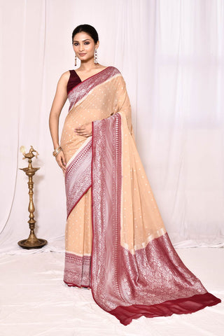 Beige Pure Khaddi Georgette Banarasi Handloom Silk Saree