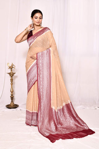 Beige Pure Khaddi Georgette Banarasi Handloom Silk Saree