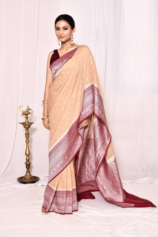 Beige Pure Khaddi Georgette Banarasi Handloom Silk Saree