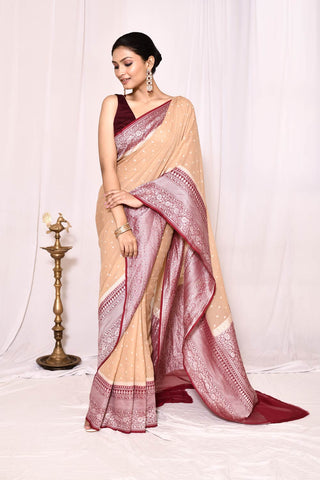 Beige Pure Khaddi Georgette Banarasi Handloom Silk Saree