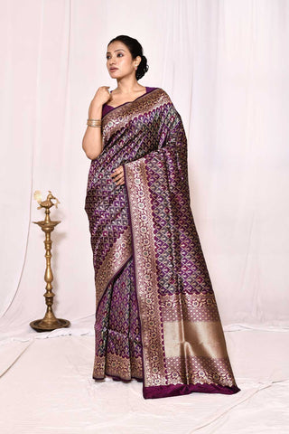 Green-Purple Pure Katan Silk Banarasi Handloom Silk Saree