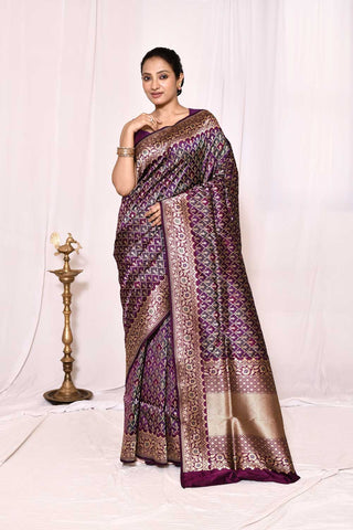 Green-Purple Pure Katan Silk Banarasi Handloom Silk Saree