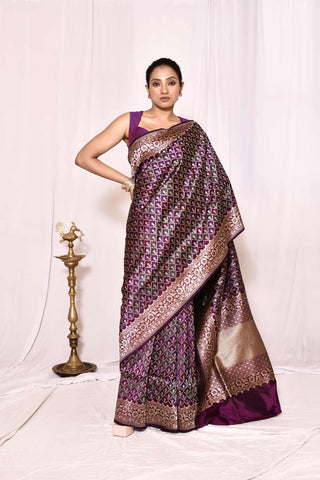 Green-Purple Pure Katan Silk Banarasi Handloom Silk Saree