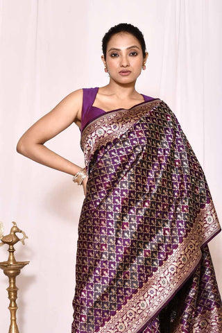 Green-Purple Pure Katan Silk Banarasi Handloom Silk Saree