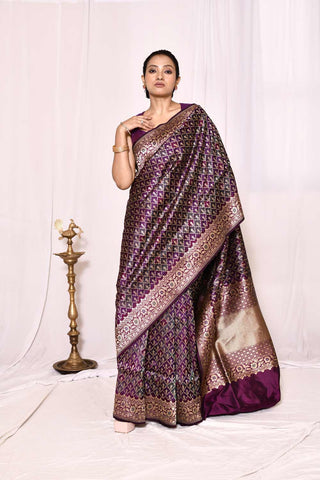 Green-Purple Pure Katan Silk Banarasi Handloom Silk Saree