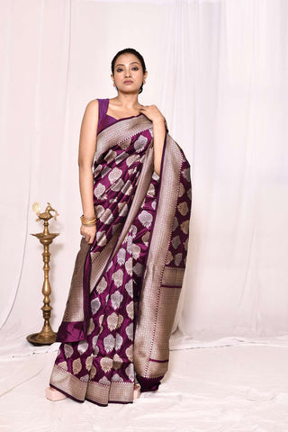 Cadbury Purple Pure Katan Silk Banarasi Handloom Silk Saree