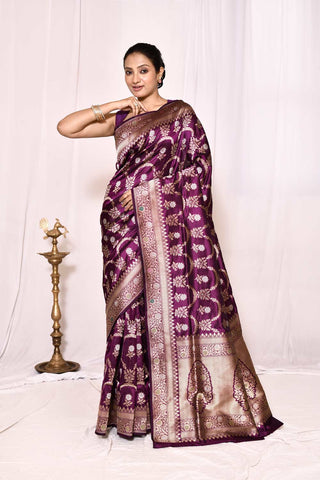 Purple Pure Katan Silk Banarasi Handloom Silk Saree