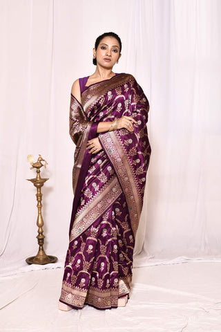 Purple Pure Katan Silk Banarasi Handloom Silk Saree