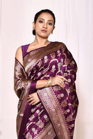 Purple Pure Katan Silk Banarasi Handloom Silk Saree