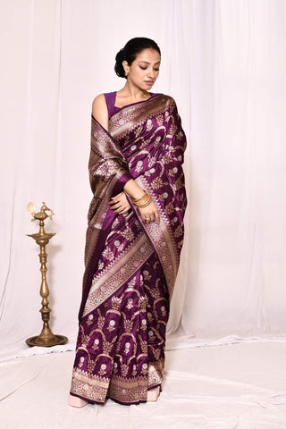 Purple Pure Katan Silk Banarasi Handloom Silk Saree