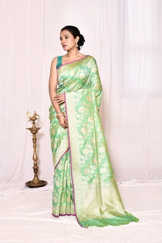 Mint Green Pure Silk Katan Banarasi Handloom Silk Saree