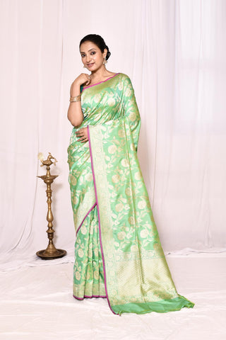 Mint Green Pure Silk Katan Banarasi Handloom Silk Saree