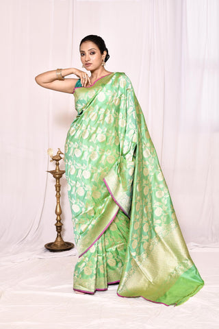 Mint Green Pure Silk Katan Banarasi Handloom Silk Saree