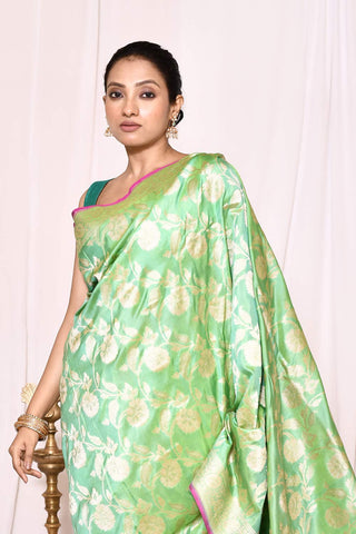 Mint Green Pure Silk Katan Banarasi Handloom Silk Saree