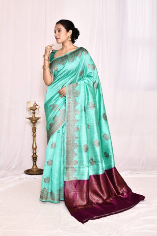 Greenish Tourquoise Pure Tussar Silk Banarasi Handloom Silk saree