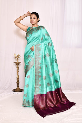 Greenish Tourquoise Pure Tussar Silk Banarasi Handloom Silk saree