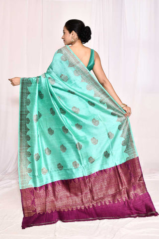 Greenish Tourquoise Pure Tussar Silk Banarasi Handloom Silk saree