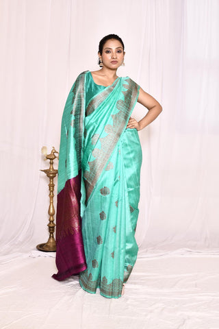 Greenish Tourquoise Pure Tussar Silk Banarasi Handloom Silk saree