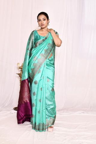 Greenish Tourquoise Pure Tussar Silk Banarasi Handloom Silk saree