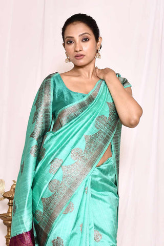 Greenish Tourquoise Pure Tussar Silk Banarasi Handloom Silk saree