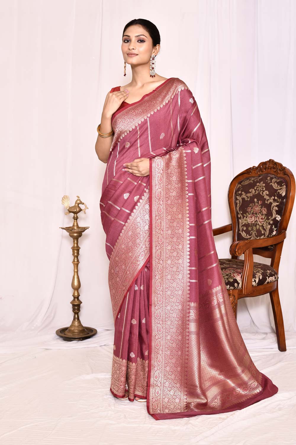 Mauve Pure Tussar Georgette Silk Banarasi Handloom Silk Saree