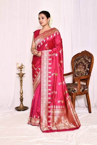 Rani Pink Pure Katan Banarasi Handloom Silk Saree