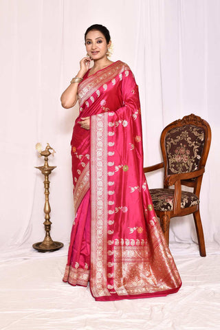 Rani Pink Pure Katan Banarasi Handloom Silk Saree