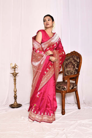 Rani Pink Pure Katan Banarasi Handloom Silk Saree