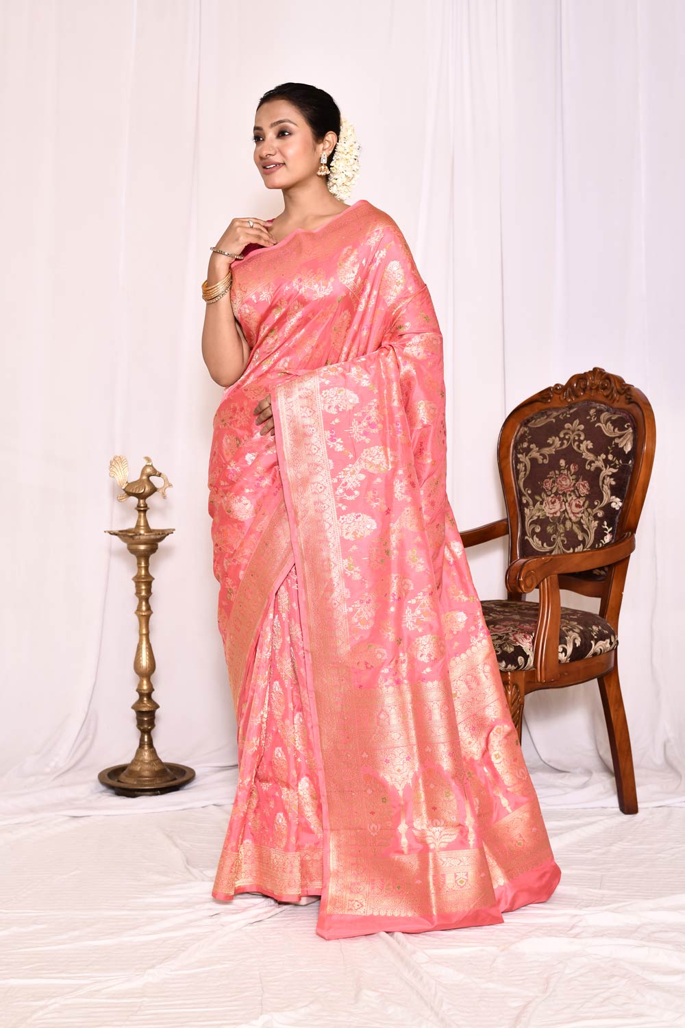 Orange-Peach Pure Katan Silk Banarasi Handloom Silk Saree