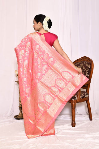 Orange-Peach Pure Katan Silk Banarasi Handloom Silk Saree