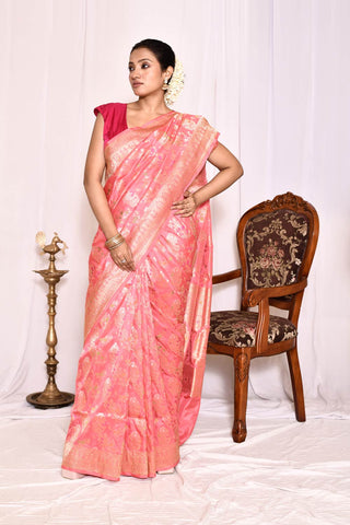 Orange-Peach Pure Katan Silk Banarasi Handloom Silk Saree