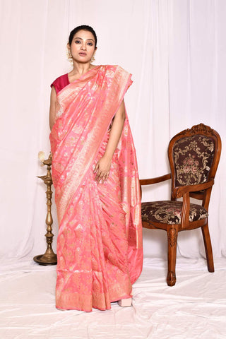 Orange-Peach Pure Katan Silk Banarasi Handloom Silk Saree