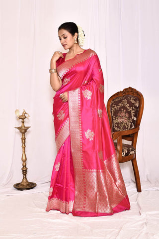 Rani Pink Pure Katan Silk Banarasi Handloom Silk Saree