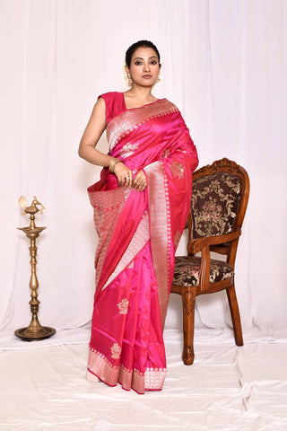 Rani Pink Pure Katan Silk Banarasi Handloom Silk Saree