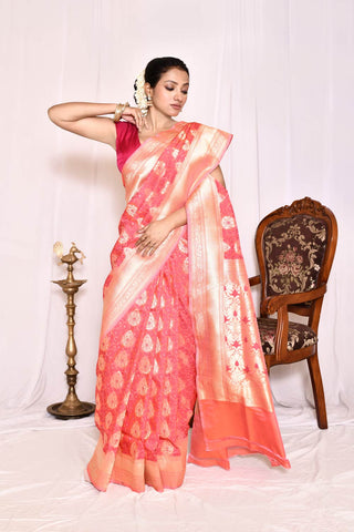 Orange  Pure Katan Silk Georgette Banarasi Handloom Silk Saree